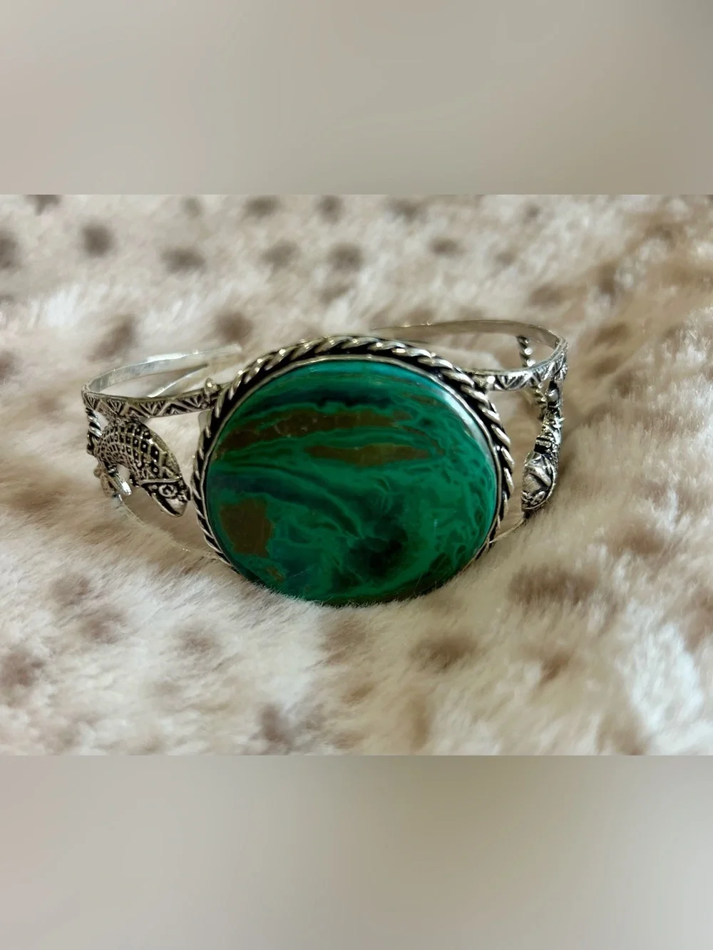 Silver-Tone Amazonite Stone Cuff Bracelet with Artist Stamp